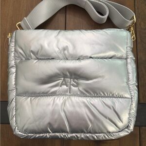 Mark & Graham Silver Puffer Shoulder Bag with initials A S monogram on it